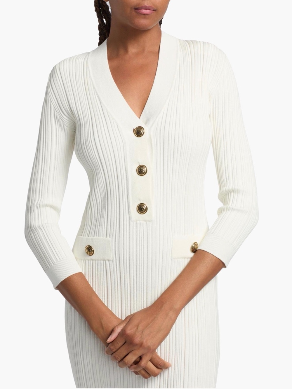 Chiara Boni Cream Ribbed Midi Dress with Gold Buttons